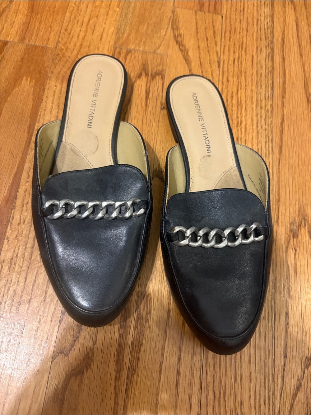 Adrienne Vittadini Black Leather Slip-On Mules with Silver Chain